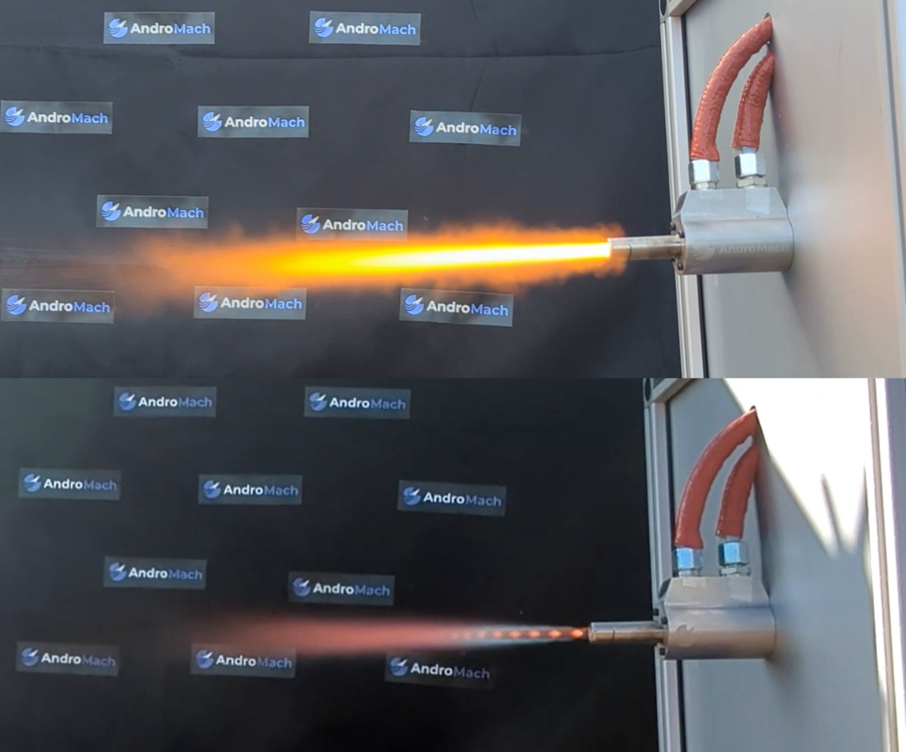 Deux allumeurs AndroMach conçus en interne en fonctionnement sur le banc, devant le fond AndroMach